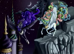 Size: 2201x1603 | Tagged: artist:ultraspacemobile, canterlot, derpibooru import, fight, nightmare moon, princess celestia, safe