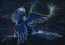 Size: 897x623 | Tagged: safe, artist:imanika, derpibooru import, princess luna, pony, banishment, earth, moon, solo, stars, traditional art, woona