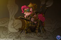 Size: 4608x3076 | Tagged: artist:template93, cannon, cannon penis, derpibooru import, goggles, partillery, party cannon, pinkie pie, safe, smoke, solo, steampunk