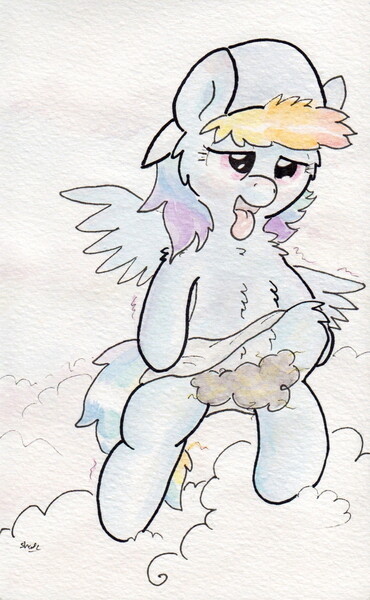 Size: 726x1177 | Tagged: artist:slightlyshade, clothes, cloud, cloudash, cloud sex, cloudy, crotchboobs, delicious flat crotch, female, fluffy, hat, nightcap, nipples, nudity, questionable, rainbow dash, skirt, softcore, solo, solo female, teats, traditional art