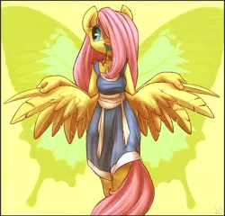 Size: 1000x959 | Tagged: anthro, artist:atryl, butterfly, clothes, derpibooru import, dress, female, fluttershy, mare, mouth hold, necklace, pegasus, safe, skinny, solo, wings