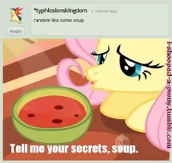 Size: 500x471 | Tagged: derpibooru import, duckface, editor:i-shooped-a-pwny, fluttershy, safe, soup, tell me your secrets