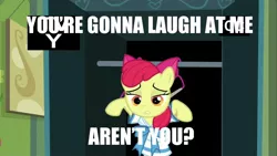 Size: 1280x720 | Tagged: apple bloom, clothes, cute, frown, funny, gritted teeth, looking at you, one bad apple, safe, sailor uniform, season 3, solo, stuck, tv rating