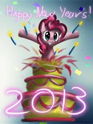 Size: 1800x2400 | Tagged: 2013, artist:psychoanalytic, cake, derpibooru import, happy new year, new year, pinkie pie, pop out cake, safe, surprise cake