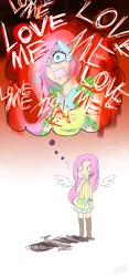 Size: 700x1500 | Tagged: angry, artist:dotoriii, chibi, clothes, derpibooru import, dress, empty eyes, fluttershy, humanized, imagination, long hair, love me, memory, open mouth, question mark, sad, safe, skirt, solo, winged humanization, wings, yandere, you're going to love me