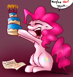 Size: 1178x1249 | Tagged: safe, artist:fatcakes, derpibooru import, pinkie pie, earth pony, pony, 30 minute art challenge, cake, eyes closed, new year, open mouth, tongue out