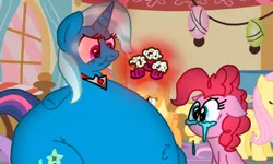 Size: 1280x768 | Tagged: safe, artist:kylestudios, derpibooru import, fluttershy, pinkie pie, trixie, twilight sparkle, magic duel, belly, belly button, bottom heavy, fat, image, jpeg, no mouth, no nose, obese, the great and bountiful trixie