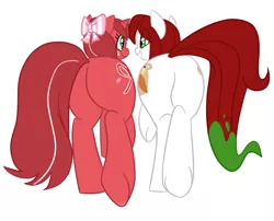 Size: 750x606 | Tagged: artist:elslowmo, artist:jessy, colored, derpibooru import, eye contact, grin, hooves, oc, oc:palette swap, oc:red ribbon, plot, plot pair, rear view, smiling, suggestive, underhoof, unofficial characters only, walking