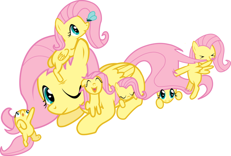 Size: 5457x3697 | Tagged: safe, artist:nameleslight, derpibooru import, fluttershy, butterfly, pony, absurd resolution, baby, baby pony, babyshy, filly, fluttermom, foal, mama fluttershy, mother, multeity, self ponidox, so much flutter