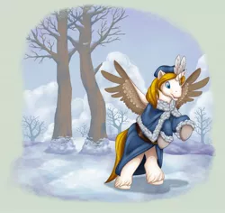 Size: 1238x1169 | Tagged: safe, artist:thiscrispykat, derpibooru import, edit, oc, unofficial characters only, alicorn, pony, alicorn oc, clothes, coat, hat, jacket, rearing, snow, solo, tree, unshorn fetlocks, winter