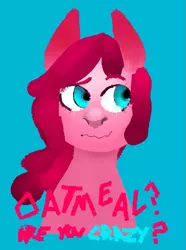 Size: 727x979 | Tagged: safe, artist:do-it-emily, derpibooru import, pinkie pie, earth pony, pony, blue background, bust, female, front view, mare, simple background, solo, text, wavy mouth