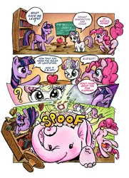 Size: 900x1243 | Tagged: safe, artist:almaska, derpibooru import, pinkie pie, sweetie belle, twilight sparkle, elephant, pony, bookcase, chalkboard, comic, eyes closed, eyes on the prize, facehoof, female, filly, frown, gritted teeth, levitation, licking, licking lips, looking at something, magic, mare, one eye closed, open mouth, pink elephant, pointing, question mark, raised hoof, smiling, telekinesis, tongue out, underhoof, wide eyes, wingding eyes, wink, zap