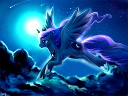 Size: 700x525 | Tagged: artist:sukesha-ray, crying, derpibooru import, moon, night, princess luna, safe, shooting star, solo