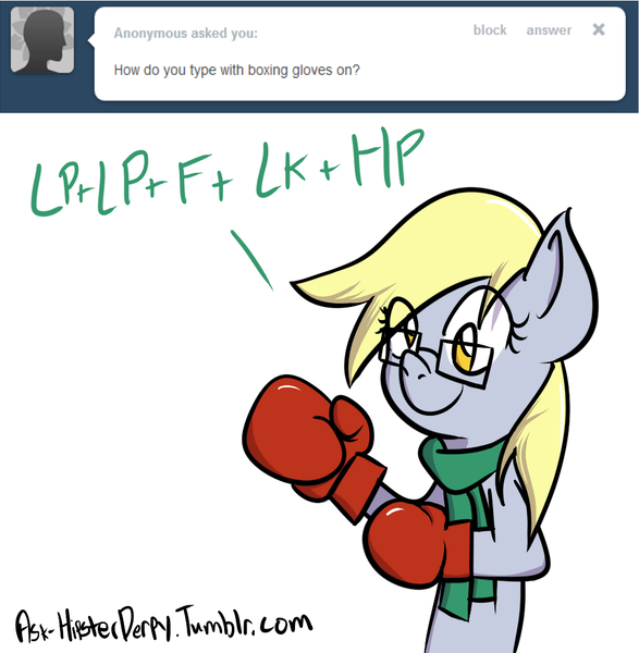 Size: 929x949 | Tagged: safe, derpibooru import, derpy hooves, pegasus, pony, ask hipster derpy, akuma, ask, boxing gloves, female, glasses, hipster, mare, shun goku satsu