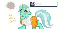 Size: 1280x597 | Tagged: safe, artist:azure-doodle, derpibooru import, lyra heartstrings, pony, unicorn, ask, blushing, cheerleader, clothes, dialogue, female, glowing horn, magic, mare, sexually confused lyra, simple background, solo, telekinesis, tongue out, tumblr, white background