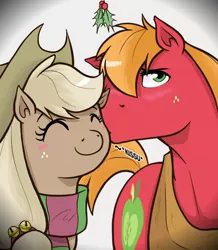 Size: 434x498 | Tagged: safe, artist:redhotkick, derpibooru import, applejack, big macintosh, earth pony, pony, ask big red macintosh, discorded, holly, holly mistaken for mistletoe, kissing, male, stallion