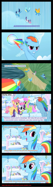 Size: 750x2620 | Tagged: safe, derpibooru import, edit, edited screencap, screencap, derpy hooves, dizzy twister, lightning bolt, lyra heartstrings, merry may, misty fly, orange swirl, rainbow dash, rainbowshine, rarity, soarin', spitfire, white lightning, pegasus, pony, sonic rainboom (episode), alternate scenario, comic, female, implied death, mare, rainbow dumb, screencap comic, sonic rainboom