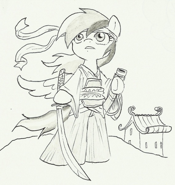 Size: 999x1054 | Tagged: safe, artist:joelashimself, derpibooru import, rainbow dash, pegasus, pony, bipedal, black and white, female, grayscale, japan, katana, mare, monochrome, samurai, simple background, solo, sword, weapon