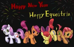 Size: 2169x1359 | Tagged: 2013, apple bloom, artist:10307, babs seed, cutie mark crusaders, derpibooru import, fireworks, happy new year, pixiv, safe, scootaloo, sweetie belle
