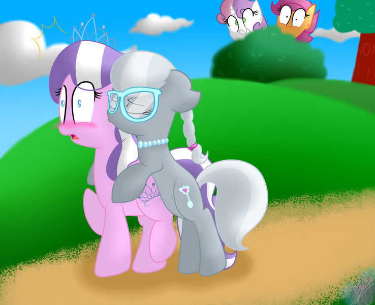 Size: 1600x1300 | Tagged: safe, artist:the-puffy-pony, derpibooru import, diamond tiara, scootaloo, silver spoon, sweetie belle, earth pony, pegasus, pony, unicorn, bipedal, blushing, bush, female, filly, frown, glasses, grin, hiding, hug, kiss on the cheek, kissing, lesbian, open mouth, peeking, raised hoof, raised leg, shipping, silvertiara, smiling, squee, wide eyes