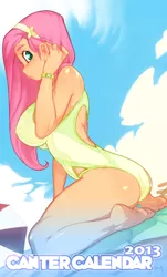 Size: 500x827 | Tagged: adorasexy, artist:doxy, big breasts, breasts, brushing hair behind ear, busty fluttershy, canter calendar, clothes, cute, derpibooru import, female, fluttershy, human, humanized, one-piece swimsuit, open-back swimsuit, sexy, shyabetes, solo, solo female, suggestive, swimsuit