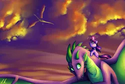 Size: 1203x808 | Tagged: adult, adult spike, artist:c-puff, derpibooru import, dragon, flying, glowing horn, magic, older, ponies riding dragons, riding, safe, spike, sunset, twilight sparkle, winged spike