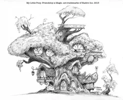 Size: 1400x1149 | Tagged: architecture, artist:baron engel, building, golden oaks library, library, monochrome, pencil drawing, safe, scenery, traditional art, tree