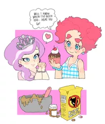 Size: 500x586 | Tagged: artist:tokimekiwaku, ask cupcakes pinkie, batter, blushing, chubby, chubby diamond, comic, cooking, cupcake, derpibooru import, dialogue, diamond tiara, drugged, eyebrows, fanfic:cupcakes, fat, heart, humanized, pills, pinkie pie, poison, rat poison, semi-grimdark, speech bubble, this will end in death