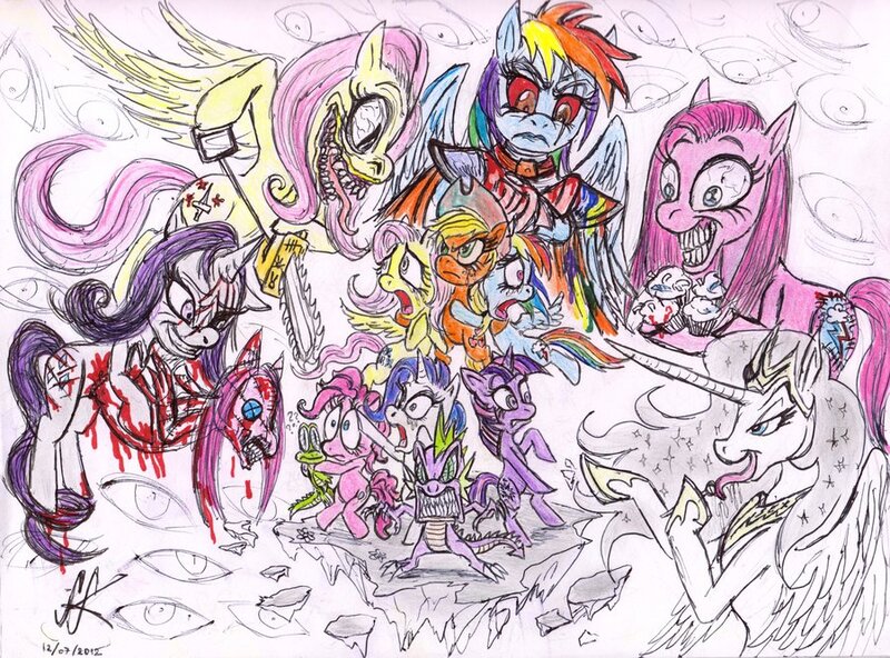 Size: 900x666 | Tagged: grimdark, artist:devilkais, derpibooru import, applejack, fluttershy, pinkie pie, rainbow dash, rarity, spike, twilight sparkle, alicorn, alligator, dragon, pony, unicorn, .mov, fanfic:cupcakes, fanfic:rainbow factory, lil-miss rarity, princess molestia, shed.mov, bipedal, blood, chainsaw, crying, evil, female, male, mane seven, mane six, mare, pinkamena diane pie, pony.mov