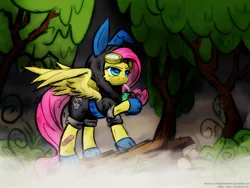 Size: 1200x900 | Tagged: safe, artist:kp-shadowsquirrel, artist:ossie7, derpibooru import, fluttershy, pegasus, pony, bunny ears, clothes, dangerous mission outfit, everfree forest, female, goggles, hoodie, juice, juice box, mare, solo