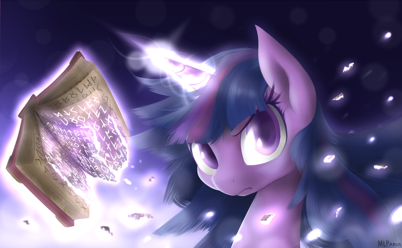 Size: 2500x1541 | Tagged: dead source, safe, artist:mlpanon, derpibooru import, twilight sparkle, pony, unicorn, angry, book, colored pupils, female, glow, glowing horn, looking at you, magic, mare, runes, signature, solo, spellbook