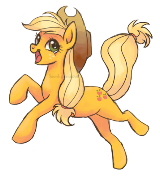 Size: 600x696 | Tagged: dead source, safe, artist:shironiki, derpibooru import, applejack, earth pony, pony, applejack's hat, cowboy hat, female, hat, jumping, mare, simple background, smiling, solo, transparent background, watermark