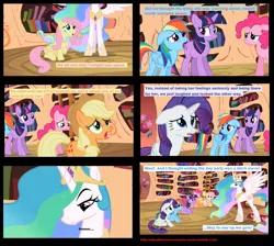 Size: 1486x1330 | Tagged: alternate scenario, applejack, comic, derpibooru import, edit, edited screencap, fluttershy, golden oaks library, lesson zero, mane six, pinkie pie, princess celestia, rainbow dash, rarity, safe, screencap, screencap comic, twilight sparkle, vulgar