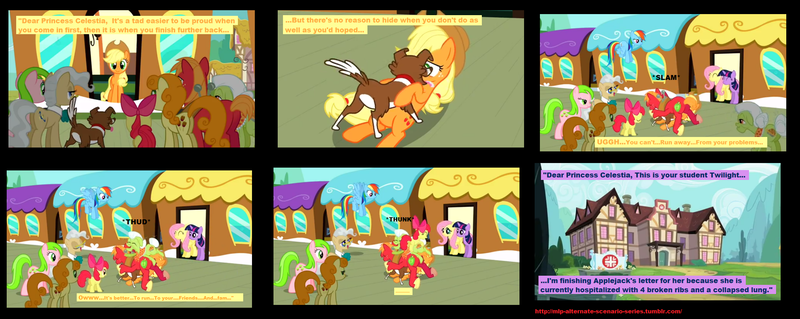 Size: 2273x906 | Tagged: safe, derpibooru import, edit, edited screencap, screencap, apple bloom, applejack, big macintosh, caramel apple, granny smith, mayor mare, red gala, winona, dog, earth pony, pegasus, pony, unicorn, the last roundup, alternate scenario, apple family member, bad end, body slam, butt, comic, crossing the line twice, dogpile, female, filly, hospital, male, mare, ouch, plot, pony pile, reality ensues, stallion, suffocating