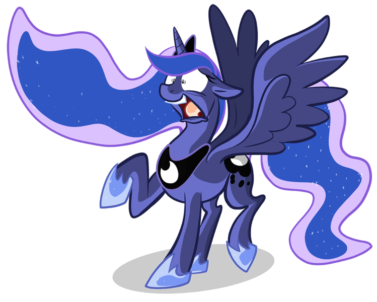Size: 1280x1025 | Tagged: safe, artist:secoh2000, derpibooru import, princess luna, alicorn, pony, female, mare, raised hoof, raised leg, scared, simple background, solo, spread wings, transparent background, wings
