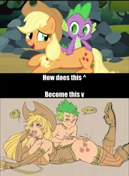 Size: 1500x2048 | Tagged: ahegao, applejack, applespike, artist:maniacpaint, ass, back scratching, boots, bra, breasts, busty applejack, butt scratch, clothes, corset, cutie mark on human, derpibooru import, evening gloves, fail, female, human, humanized, human spike, male, massage, open mouth, panties, petting, prone, scene interpretation, scene parody, scratching, screencap reference, shipping, spike, spike at your service, stockings, straight, suggestive, thigh highs, thong, underwear