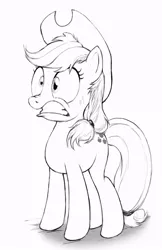 Size: 552x852 | Tagged: safe, artist:macflash2, derpibooru import, applejack, lineart, monochrome, shocked, solo