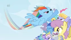 Size: 1280x720 | Tagged: safe, derpibooru import, screencap, amethyst star, cloud kicker, derpy hooves, lemon hearts, lightning bolt, lyra heartstrings, minuette, parasol, rainbow dash, rainbowshine, sea swirl, seafoam, sunshower raindrops, white lightning, pegasus, pony, the ticket master, ei, female, hub logo, mare