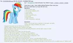 Size: 850x500 | Tagged: suggestive, derpibooru import, edit, edited screencap, screencap, rainbow dash, pegasus, pony, /mlp/, 4chan, artificial mare juice, greentext, imageboard, recipe, text, why