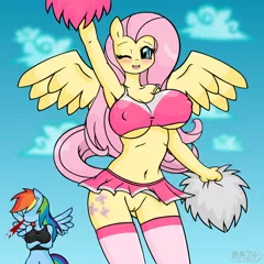 Size: 1000x1000 | Tagged: explicit, artist:razplus, derpibooru import, fluttershy, rainbow dash, anthro, adorasexy, armpits, belly button, big breasts, blood, blushing, bottomless, breasts, busty fluttershy, cheerleader, cheerleader fluttershy, clothes, curvy, cute, female, flutterdash, lesbian, midriff, nipple outline, nosebleed, nudity, one eye closed, sexy, shipping, skirt, smiling, underboob, upskirt, vulva, wink