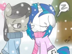 Size: 320x240 | Tagged: safe, artist:ponypocky317, derpibooru import, octavia melody, vinyl scratch, earth pony, unicorn, christmas, christmas tree, clothes, eyes closed, female, heart, holiday, image, lesbian, looking at another, png, scarf, scratchtavia, shipping, sleeping, snow, snowfall, sweater, tree, watermark