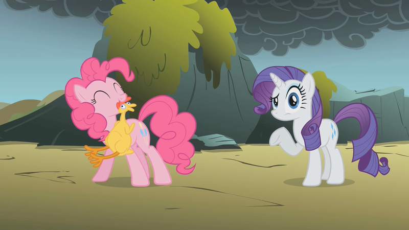 Size: 1280x720 | Tagged: aside glance, derpibooru import, dragonshy, pinkie pie, rarity, rubber chicken, safe, screencap