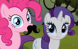 Size: 1280x821 | Tagged: safe, derpibooru import, screencap, pinkie pie, rarity, earth pony, pony, unicorn, spike at your service, female, looking at you, mare, moustache, stare, staring into your soul