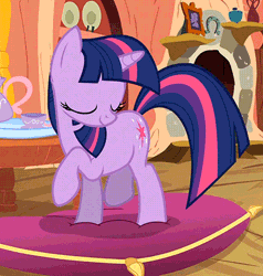 Size: 433x454 | Tagged: safe, derpibooru import, screencap, twilight sparkle, pony, unicorn, spike at your service, animated, female, fireplace, golden oaks library, log, loop, mare, pillow, solo, table, talking, teacup, teapot, wood