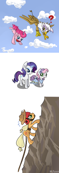 Size: 1024x3000 | Tagged: safe, artist:mlpanon, derpibooru import, applejack, gilda, pinkie pie, rarity, sweetie belle, gryphon, dressup, falling, flying, mountaineering, sketch dump