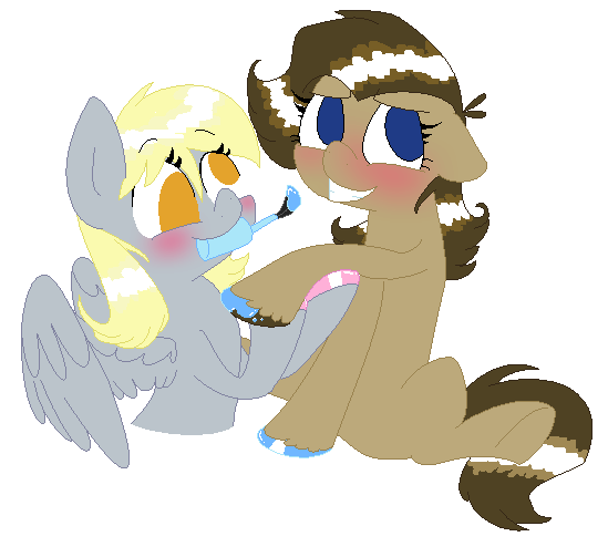 Size: 549x503 | Tagged: artist:artflicker, blushing, derptoress, derpy hooves, doctorderpy, doctor whooves, female, half r63 shipping, hoof polish, lesbian, mouth hold, nail polish, professor whooves, rule 63, safe, shipping, smiling, the doctoress, time turner