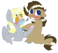 Size: 549x503 | Tagged: artist:artflicker, blushing, derptoress, derpy hooves, doctorderpy, doctor whooves, female, half r63 shipping, hoof polish, lesbian, mouth hold, nail polish, professor whooves, rule 63, safe, shipping, smiling, the doctoress, time turner