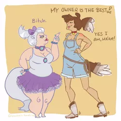 Size: 500x500 | Tagged: artist:glasmond, bbw, cleavage, clothes, derpibooru import, dialogue, eared humanization, fat, female, humanized, humanized pet, insult backfire, opalescence, overalls, pet, ponified pony pets, safe, skirt, tailed humanization, tutu, vulgar, winona