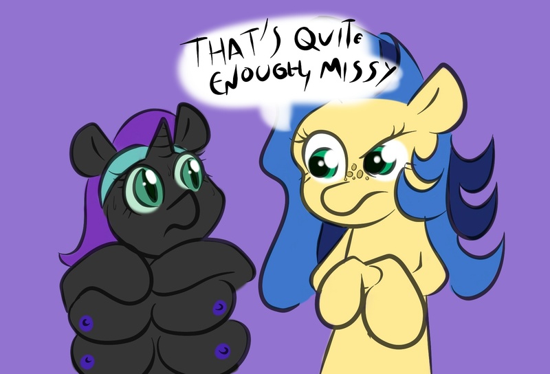 Size: 1659x1129 | Tagged: questionable, artist:wizardski, derpibooru import, oc, oc:milky way, oc:nyx, unofficial characters only, pony, crotchboobs, female, impossibly large crotchboobs, mare, multiboob, nipples, nudity