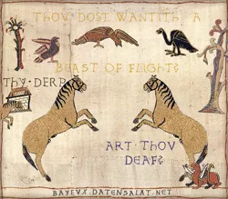 Size: 685x600 | Tagged: safe, derpibooru import, derpy hooves, fluttershy, rainbow dash, tank, bird, pegasus, pony, bayeux tapestry, bayeux tapestry meme, female, find a pet, grammar error, mare, medieval, ye olde butcherede englishe, ytmnd